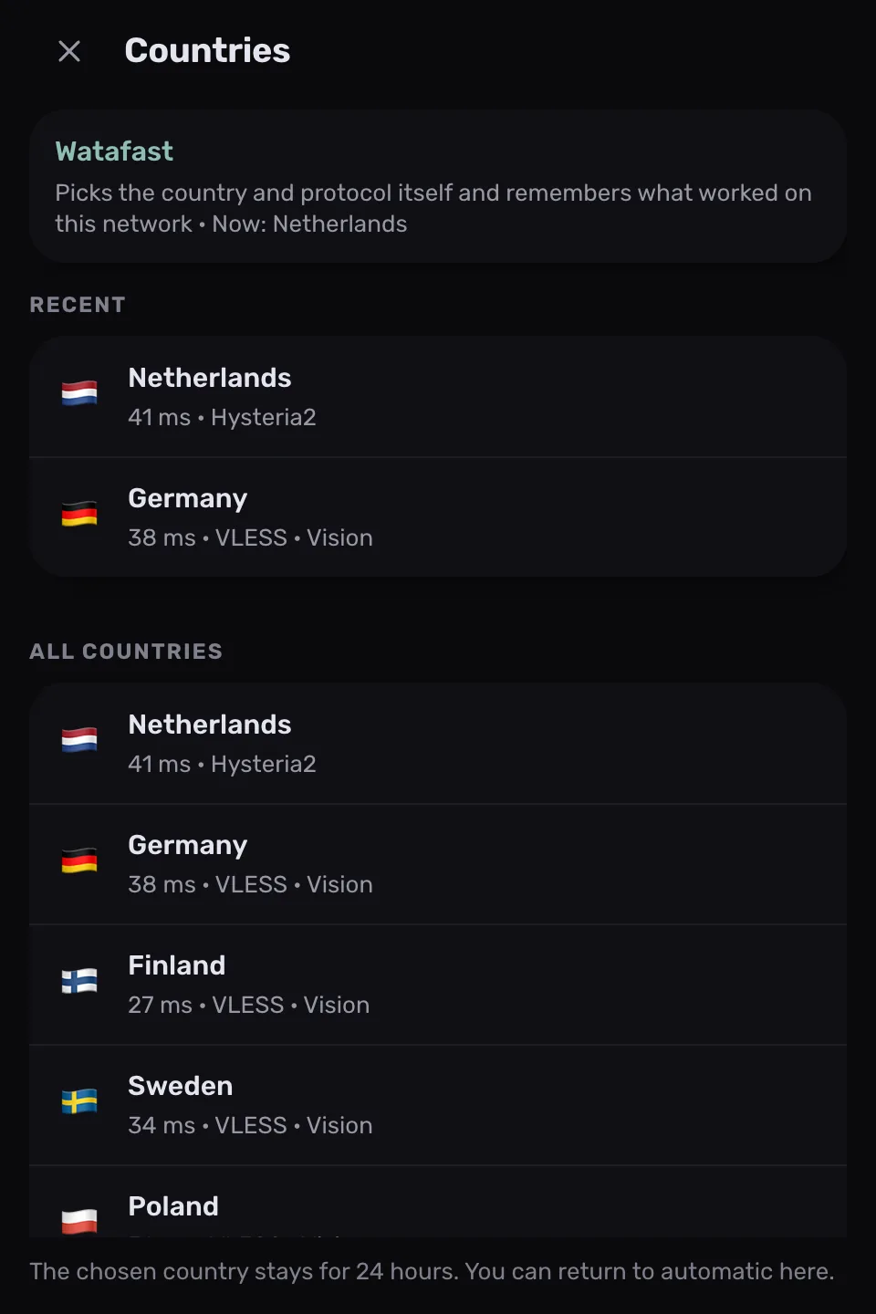 Länderliste in ProxysVPN, ganz oben WataFast: „Picks the country and protocol itself and remembers what worked on this network“