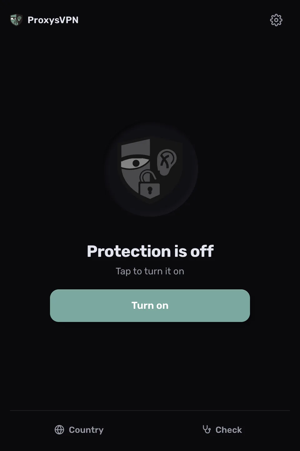 ProxysVPN-Bildschirm mit der Schaltfläche „Turn on“