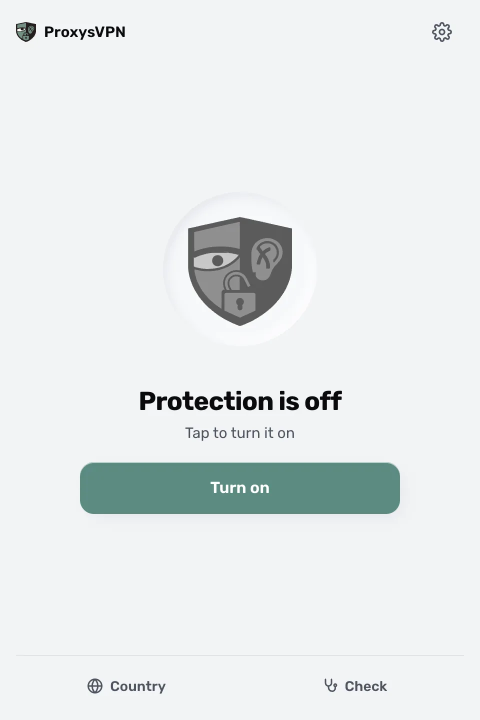 ProxysVPN-Bildschirm mit der Schaltfläche „Turn on“