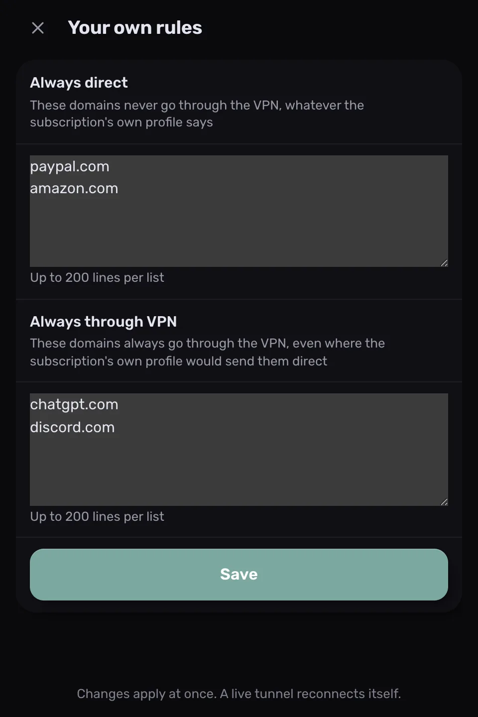Eigene Regeln in ProxysVPN: die Listen „Always direct“ und „Always through VPN“