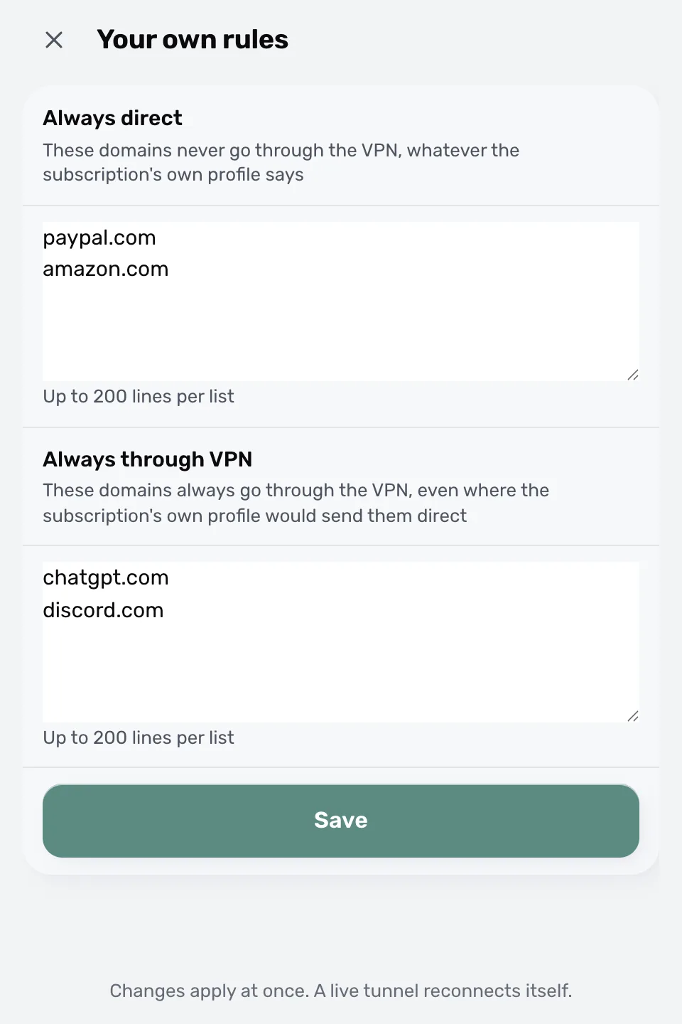 Eigene Regeln in ProxysVPN: die Listen „Always direct“ und „Always through VPN“
